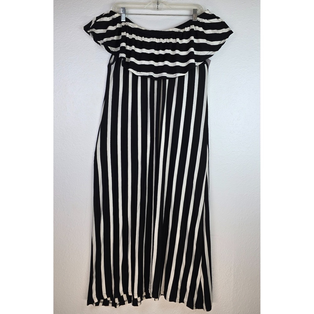 Daisy Island XL Black White Striped Off Shoulder Ruffle Maxi Dress Stretch